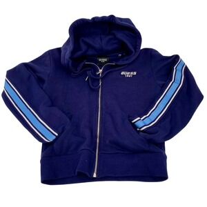 Guess EST. 1981 Full Zip Hoodie Womens Striped Sleeve Navy Blue Sweatshirt Small
